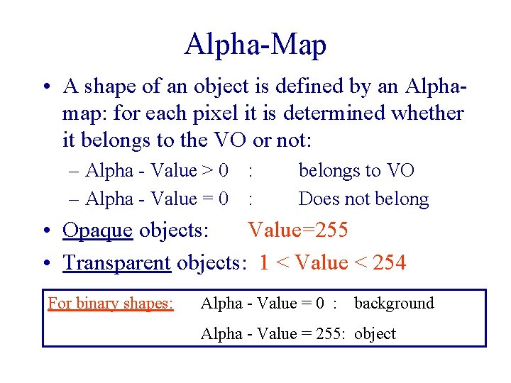 Alpha-Map • A shape of an object is defined by an Alphamap: for each Alpha-Map • A shape of an object is defined by an Alphamap: for each