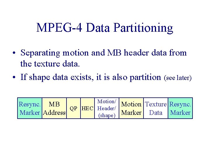 MPEG-4 Data Partitioning • Separating motion and MB header data from the texture data. MPEG-4 Data Partitioning • Separating motion and MB header data from the texture data.