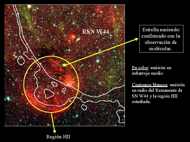 RSN W 44 Estrella naciendo: confirmado con la observación de moléculas. En color: emisión