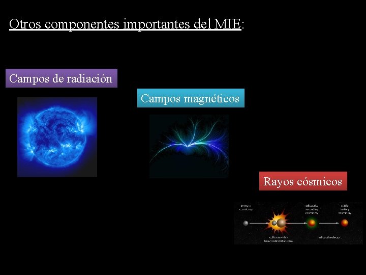 Otros componentes importantes del MIE: Campos de radiación Campos magnéticos Rayos cósmicos 