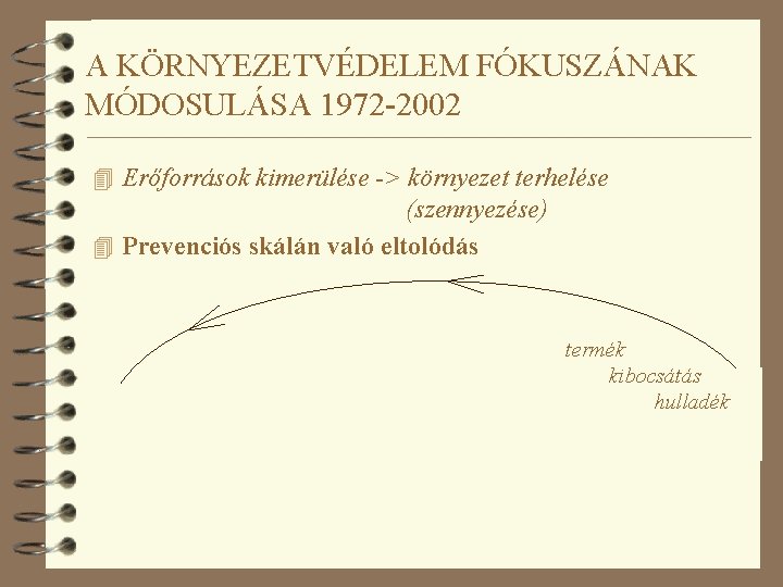 A KÖRNYEZETVÉDELEM FÓKUSZÁNAK MÓDOSULÁSA 1972 -2002 4 Erőforrások kimerülése -> környezet terhelése (szennyezése) 4