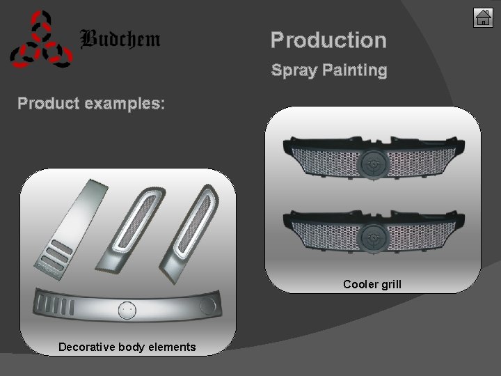 Production Spray Painting Product examples: Cooler grill Decorative body elements 