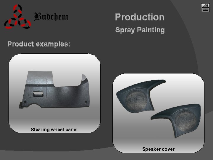 Production Spray Painting Product examples: Stearing wheel panel Speaker cover 