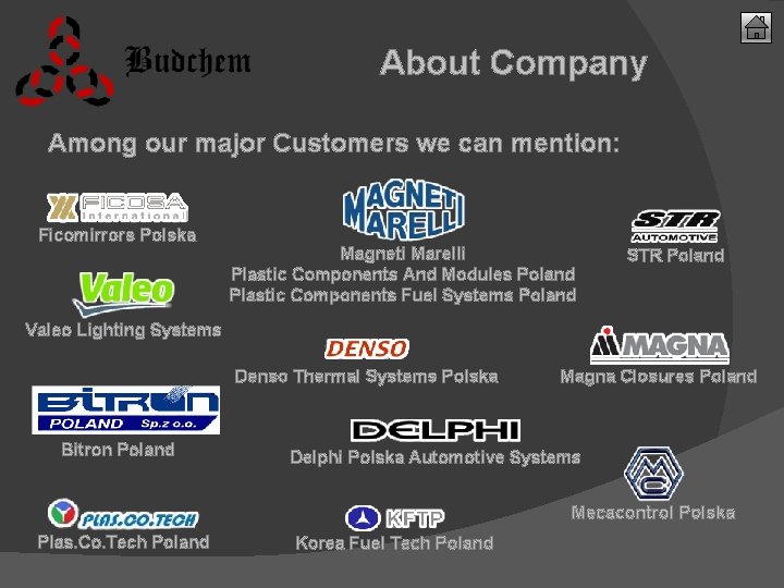 About Company Among our major Customers we can mention: Ficomirrors Polska Magneti Marelli Plastic