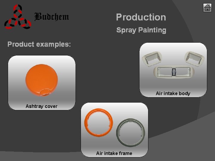 Production Spray Painting Product examples: Air intake body Ashtray cover Air intake frame 