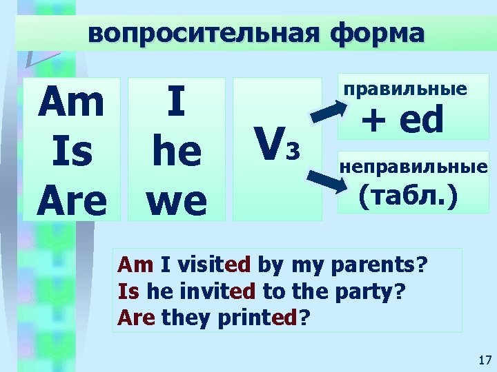 вопросительная форма Am I Is he Are we правильные V 3 + ed неправильные