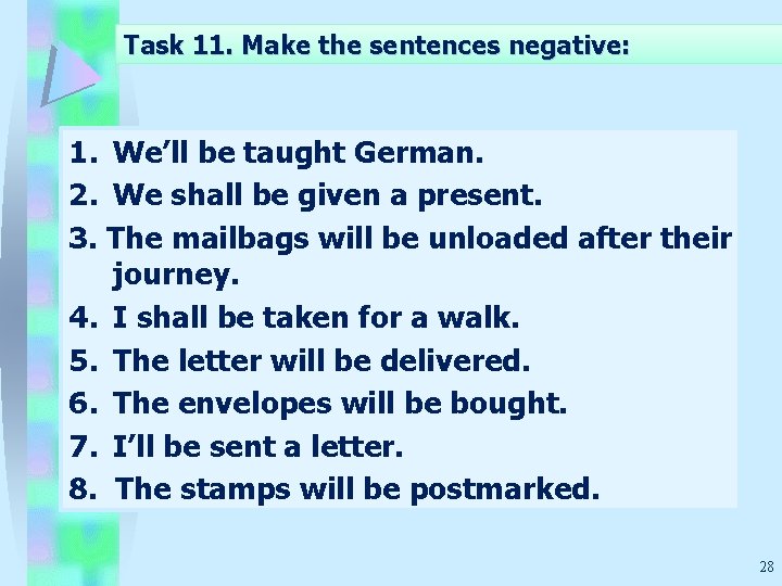 Task 11. Make the sentences negative: 1. We’ll be taught German. 2. We shall