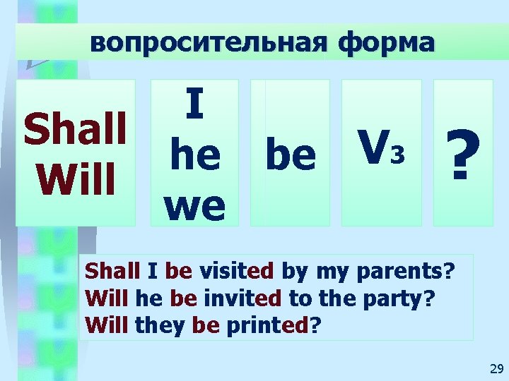 вопросительная форма I Shall he be V 3 Will we ? Shall I be