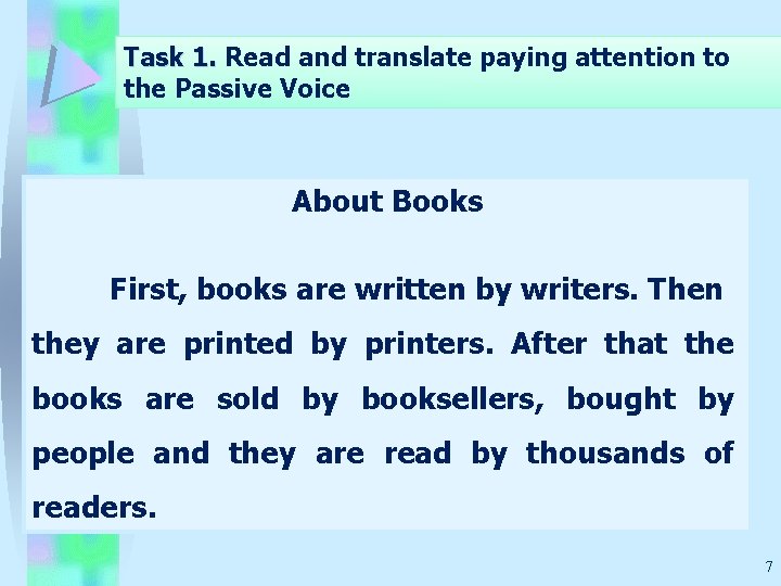 Task 1. Read and translate paying attention to the Passive Voice About Books First,