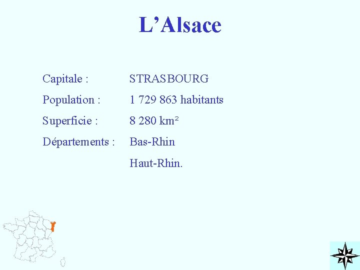 L’Alsace Capitale : STRASBOURG Population : 1 729 863 habitants Superficie : 8 280