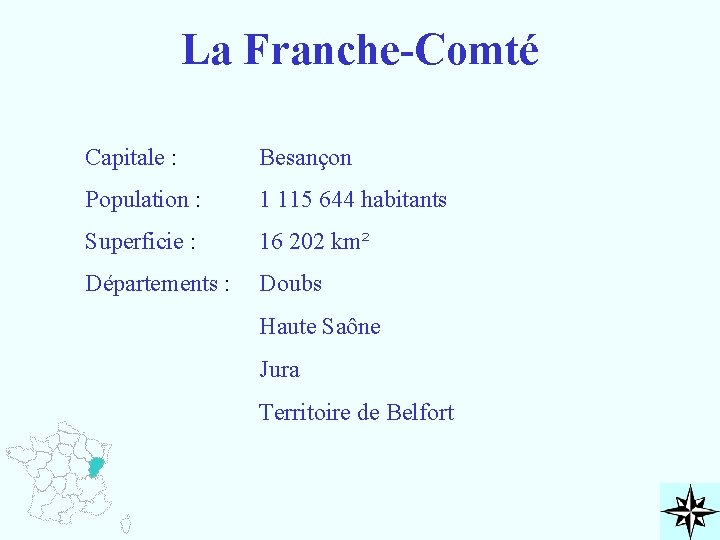 La Franche-Comté Capitale : Besançon Population : 1 115 644 habitants Superficie : 16
