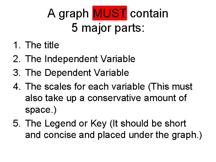A graph MUST contain 5 major parts: 1. 2. 3. 4. The title The