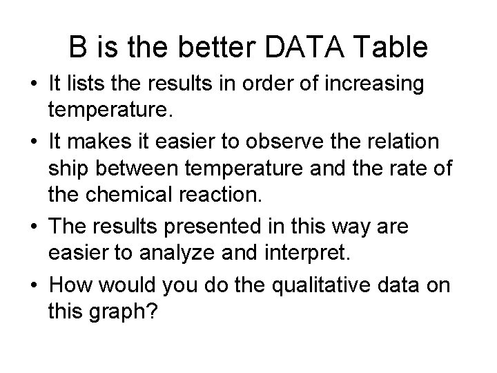 B is the better DATA Table • It lists the results in order of
