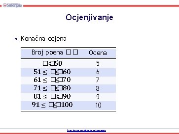 Ocjenjivanje □ Konačna ocjena Broj poena �� �� ≤ 50 51 ≤ �� ≤