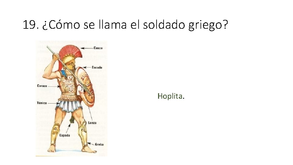 19. ¿Cómo se llama el soldado griego? Hoplita. 