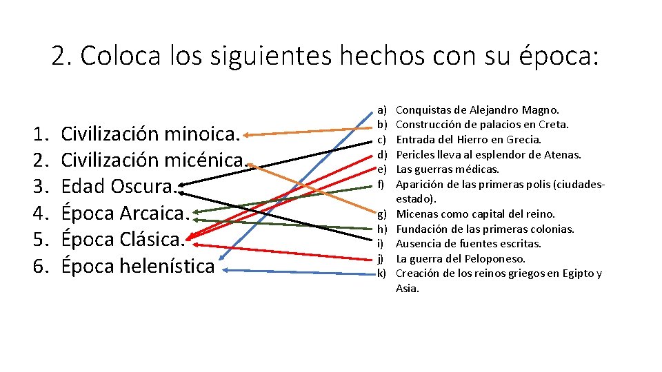 2. Coloca los siguientes hechos con su época: 1. 2. 3. 4. 5. 6.