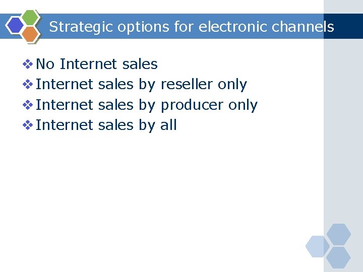 Strategic options for electronic channels v No Internet sales v Internet sales by reseller