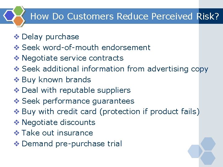 How Do Customers Reduce Perceived Risk? v Delay purchase v Seek word-of-mouth endorsement v