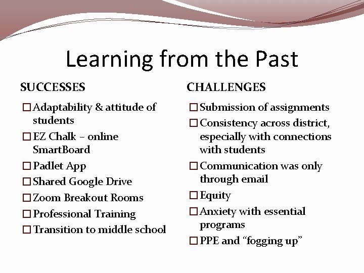 Learning from the Past SUCCESSES CHALLENGES �Adaptability & attitude of students �EZ Chalk – Learning from the Past SUCCESSES CHALLENGES �Adaptability & attitude of students �EZ Chalk –