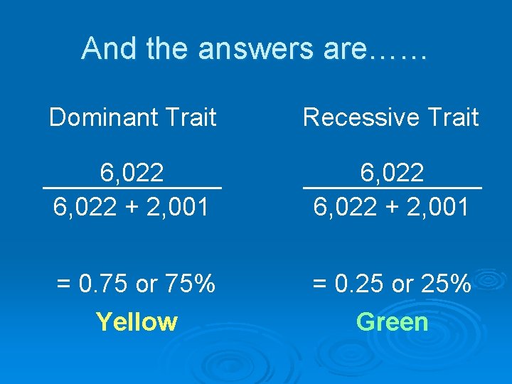 And the answers are…… Dominant Trait Recessive Trait 6, 022 + 2, 001 =