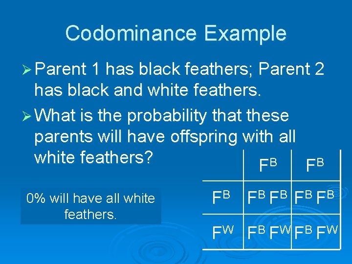 Codominance Example Ø Parent 1 has black feathers; Parent 2 has black and white