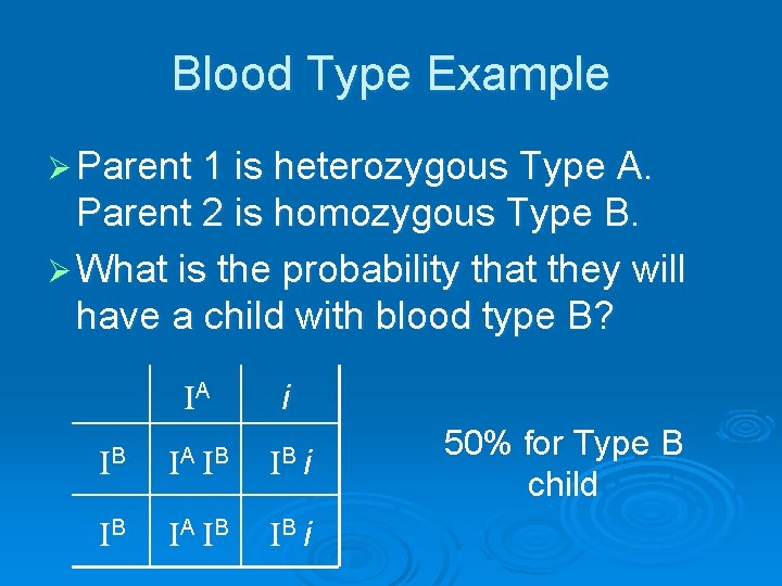 Blood Type Example Ø Parent 1 is heterozygous Type A. Parent 2 is homozygous