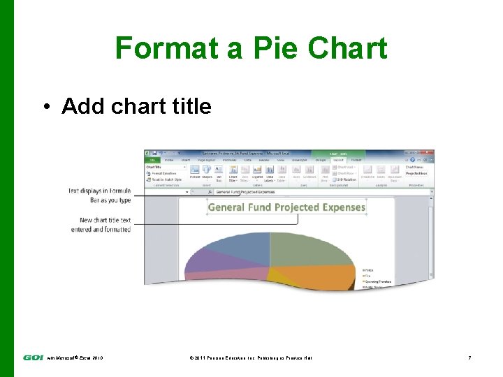Format a Pie Chart • Add chart title with Microsoft® Excel 2010 © 2011
