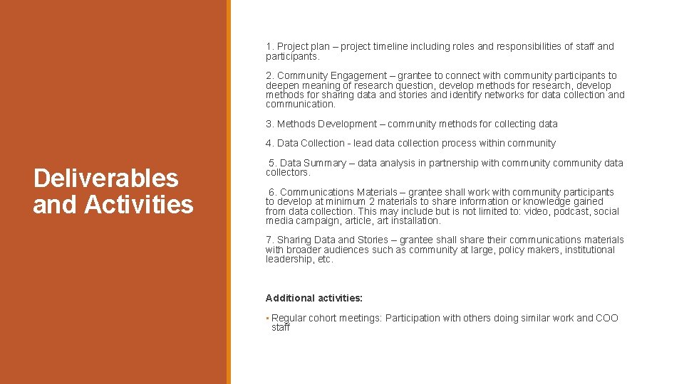 1. Project plan – project timeline including roles and responsibilities of staff and participants.