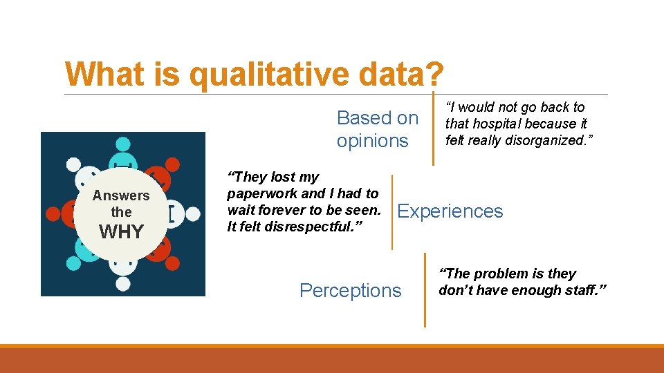 What is qualitative data? Based on opinions Answers the WHY “They lost my paperwork