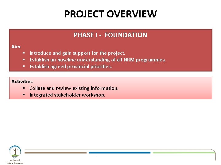 PROJECT OVERVIEW PHASE I - FOUNDATION Aim § Introduce and gain support for the PROJECT OVERVIEW PHASE I - FOUNDATION Aim § Introduce and gain support for the