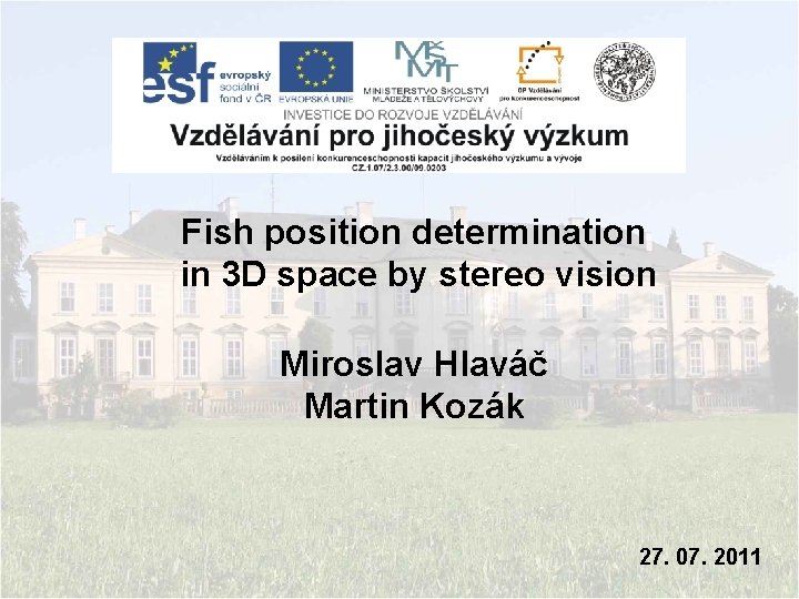 Fish position determination in 3 D space by stereo vision Miroslav Hlaváč Martin Kozák