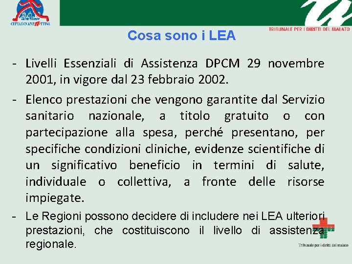 Cosa sono i LEA - Livelli Essenziali di Assistenza DPCM 29 novembre 2001, in