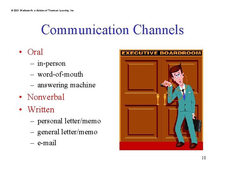 © 2001 Wadsworth, a division of Thomson Learning, Inc Communication Channels • Oral –