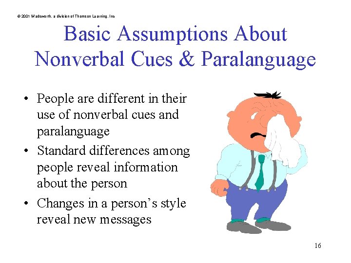 © 2001 Wadsworth, a division of Thomson Learning, Inc Basic Assumptions About Nonverbal Cues