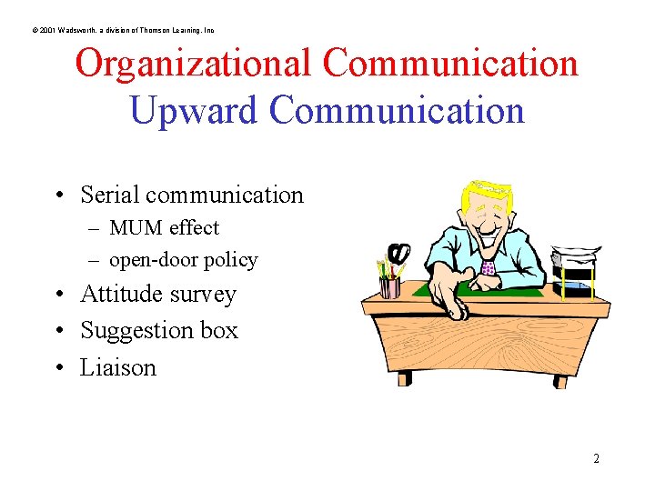 © 2001 Wadsworth, a division of Thomson Learning, Inc Organizational Communication Upward Communication •