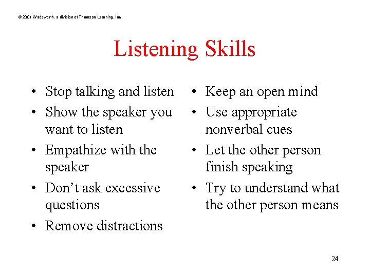© 2001 Wadsworth, a division of Thomson Learning, Inc Listening Skills • Stop talking