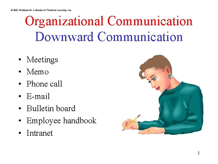 © 2001 Wadsworth, a division of Thomson Learning, Inc Organizational Communication Downward Communication •