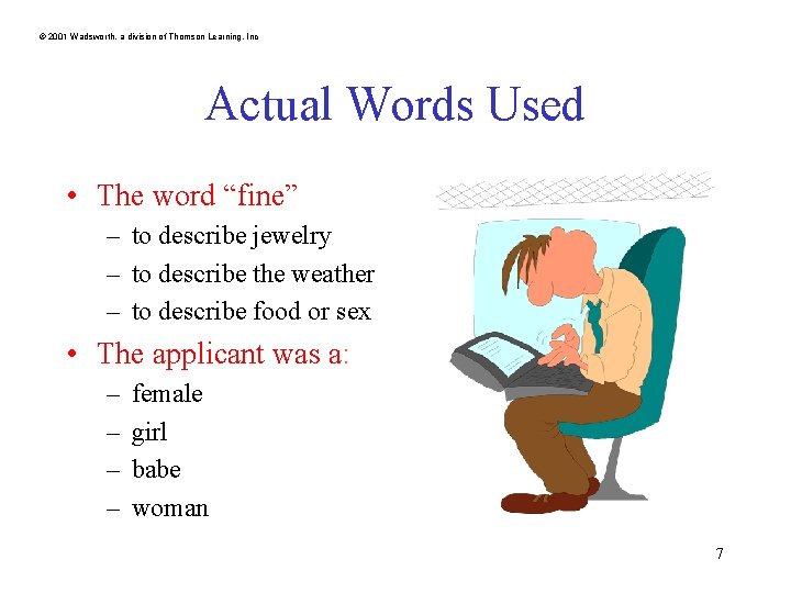 © 2001 Wadsworth, a division of Thomson Learning, Inc Actual Words Used • The