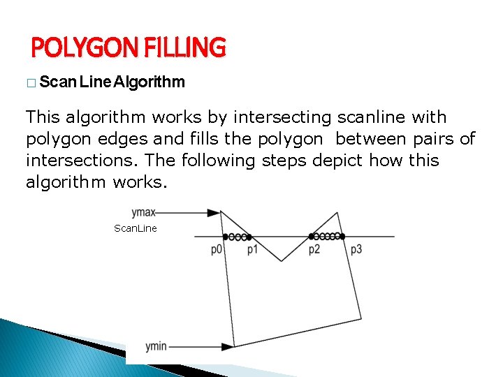 POLYGON FILLING � Scan Line Algorithm This algorithm works by intersecting scanline with polygon