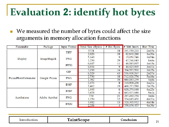 Evaluation 2: identify hot bytes n We measured the number of bytes could affect