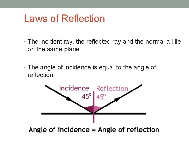 Laws of Reflection • The incident ray, the reflected ray and the normal all