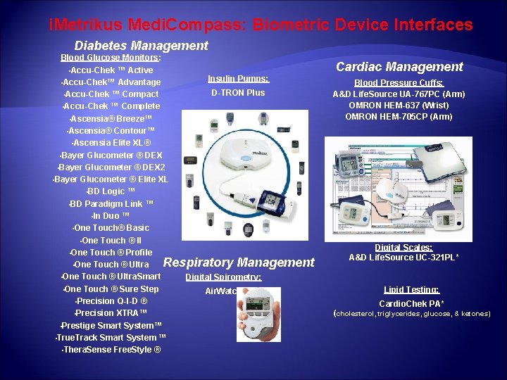 i. Metrikus Medi. Compass: Biometric Device Interfaces Diabetes Management Blood Glucose Monitors: • Accu-Chek