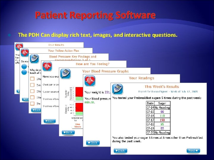 Patient Reporting Software The PDH Can display rich text, images, and interactive questions. 