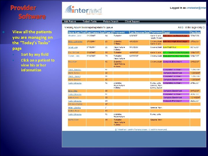 Provider Software View all the patients you are managing on the “Today’s Tasks” page
