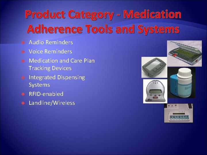 Product Category - Medication Adherence Tools and Systems Audio Reminders Voice Reminders Medication and