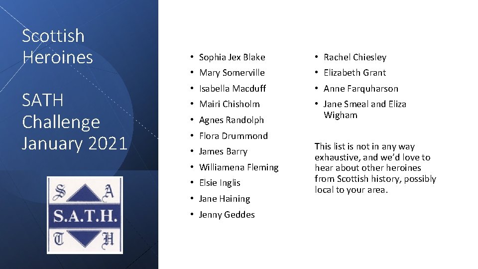 Scottish Heroines SATH Challenge January 2021 • Sophia Jex Blake • Rachel Chiesley •