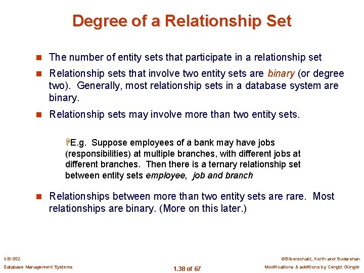 Degree of a Relationship Set n The number of entity sets that participate in