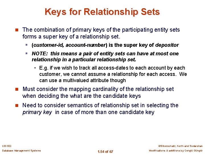 Keys for Relationship Sets n The combination of primary keys of the participating entity