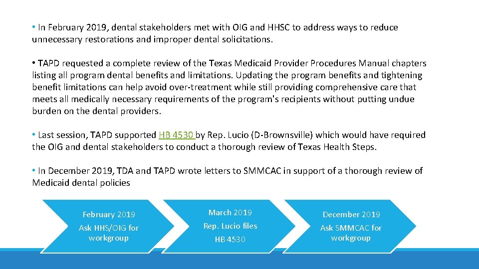  • In February 2019, dental stakeholders met with OIG and HHSC to address