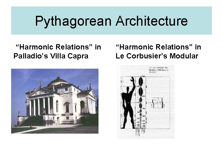 Pythagorean Architecture “Harmonic Relations” in Palladio’s Villa Capra “Harmonic Relations” in Le Corbusier’s Modular